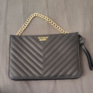 Victoria's Secret Black Chevron Wristlet with Gold Chain